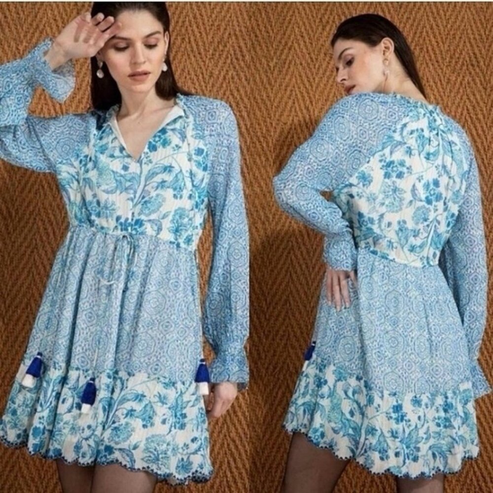 HEMANT & NANDITA Kaiyo Floral‎ Dress Metallic Ruffled Tassels Mini Boho MEDIUM